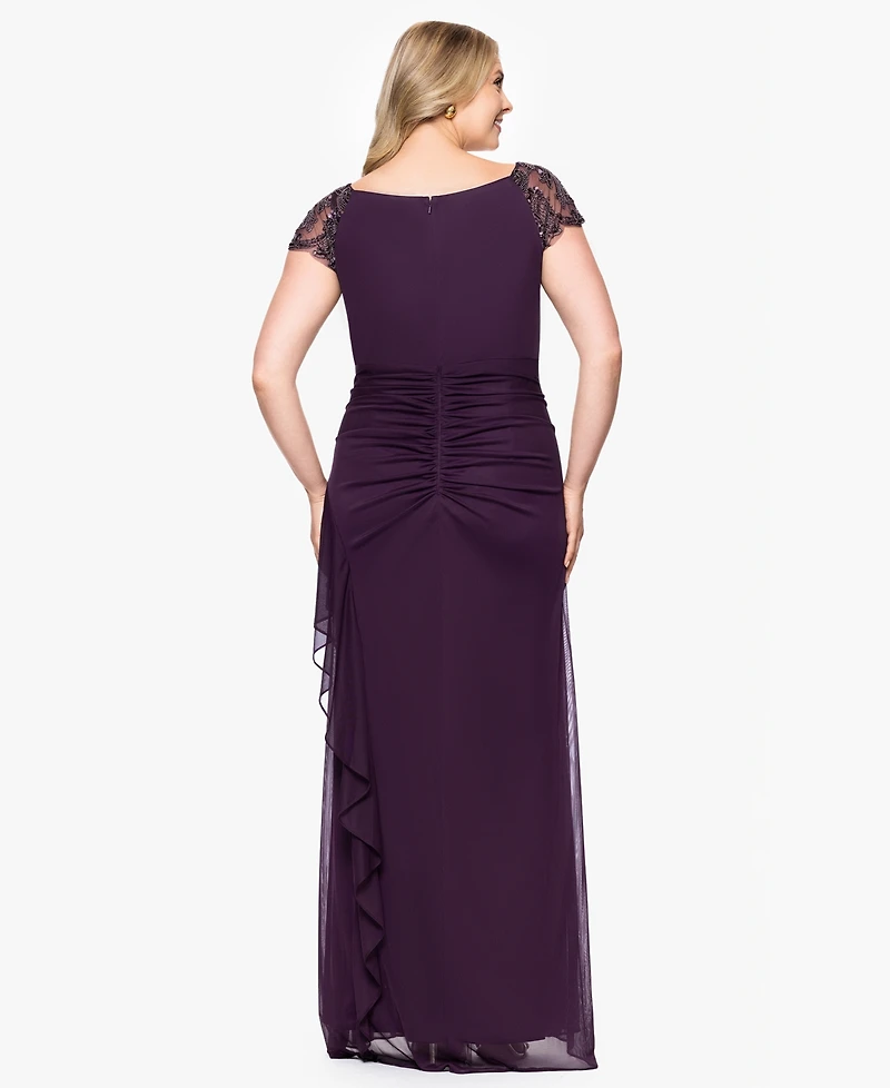 Xscape Plus-Size Beaded Boat Neck Mesh Gown