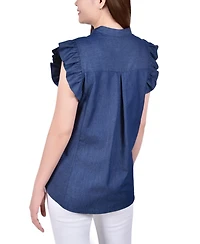 Ny Collection Petite Flutter Sleeve Chambray Top