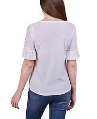 Ny Collection Petite Short Sleeve Tie Waist Swiss Dot Top