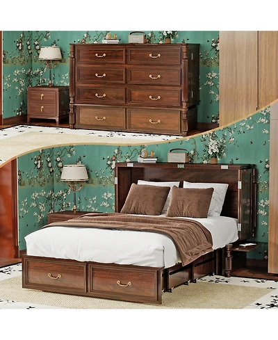 Livelylodge Murphy Bed Cabinet with Drawer Includes Storage Cabinet, Murphy Bed Twin Suit for Home Office or Small Room, Murphy Bed Full with Charging
