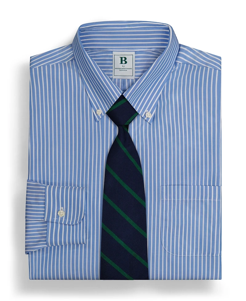 Men's Regular Fit Non-Iron Polo Button-Down Thin Stripe Broadcloth Dress Shirt