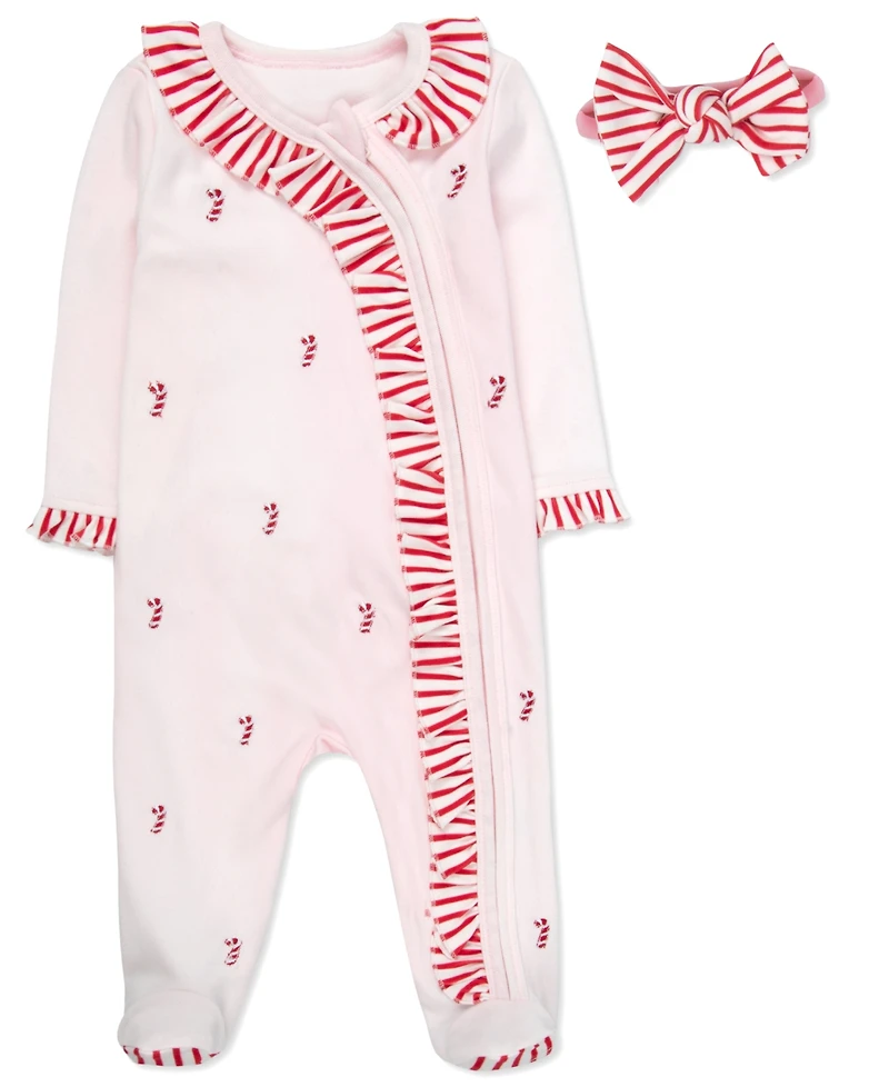 Baby Essentials Girls 2-Piece All Over Candy Cane Footie with Headband Set