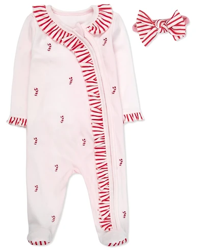 Baby Essentials Girls 2-Piece All Over Candy Cane Footie with Headband Set