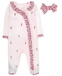 Baby Essentials Girls 2-Piece All Over Candy Cane Footie with Headband Set