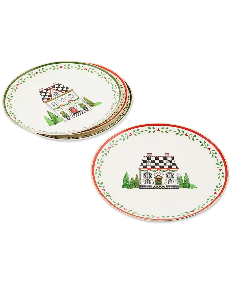 MacKenzie-Childs Holly Village Ceramic Dessert Plates, Set of 4