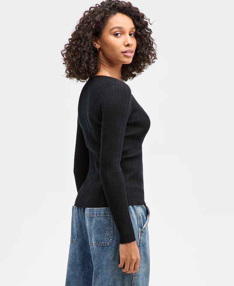 Ultra Flirt Juniors' V-Neck Ribbed Fine Gauge Flyaway Sweater