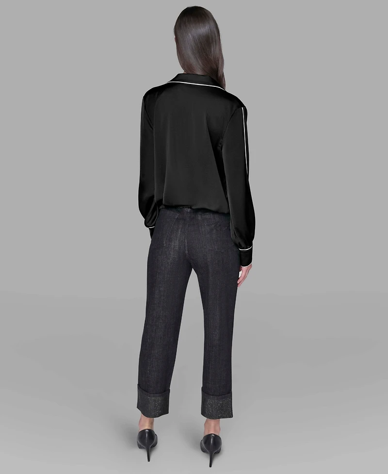 Karl Lagerfeld Paris Petite Long Sleeve Crossover Woven Blouse