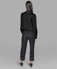Karl Lagerfeld Paris Petite Long Sleeve Crossover Woven Blouse