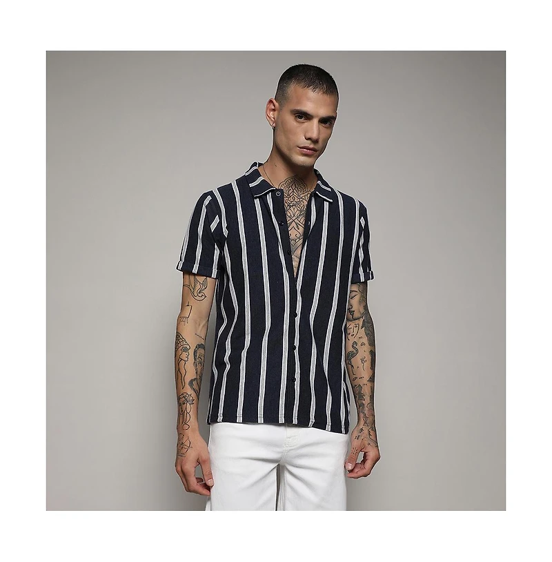Campus Sutra Men's Prussian Blue Contrast Halo Striped Shirt