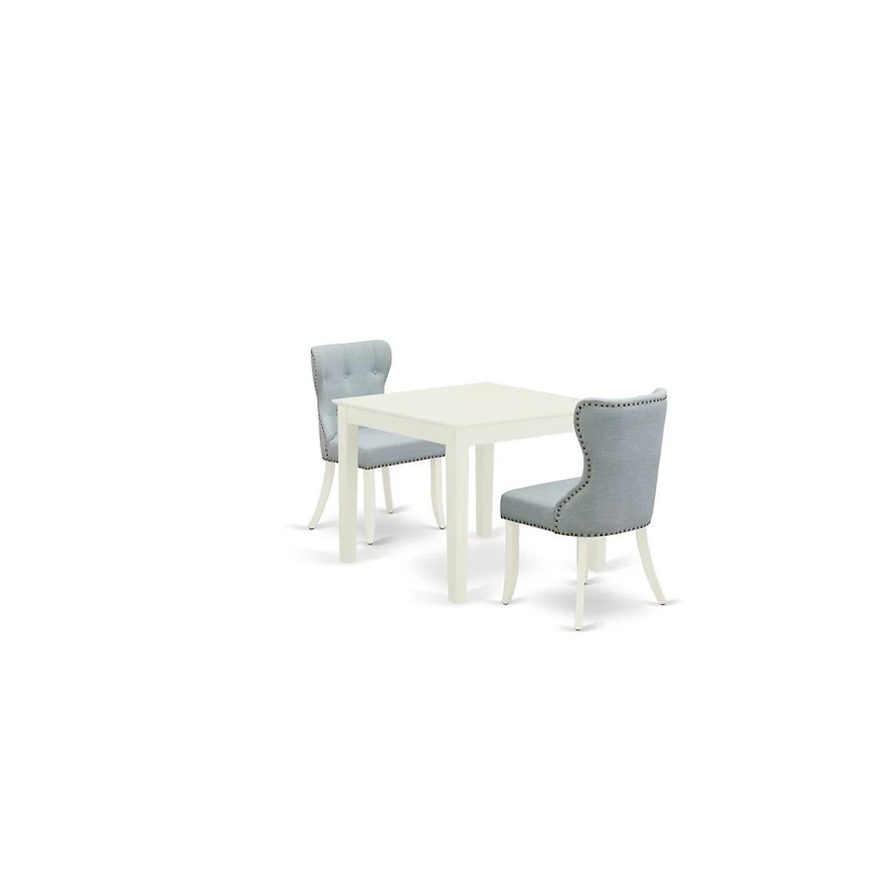 East West Furniture dining room table set of 2 great dining room chairs with Linen Fabric Baby Blue color and a gorgeous wood table with Linen White c