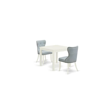 East West Furniture dining room table set of 2 great dining room chairs with Linen Fabric Baby Blue color and a gorgeous wood table with Linen White c