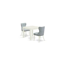 East West Furniture dining room table set of 2 great dining room chairs with Linen Fabric Baby Blue color and a gorgeous wood table with Linen White c