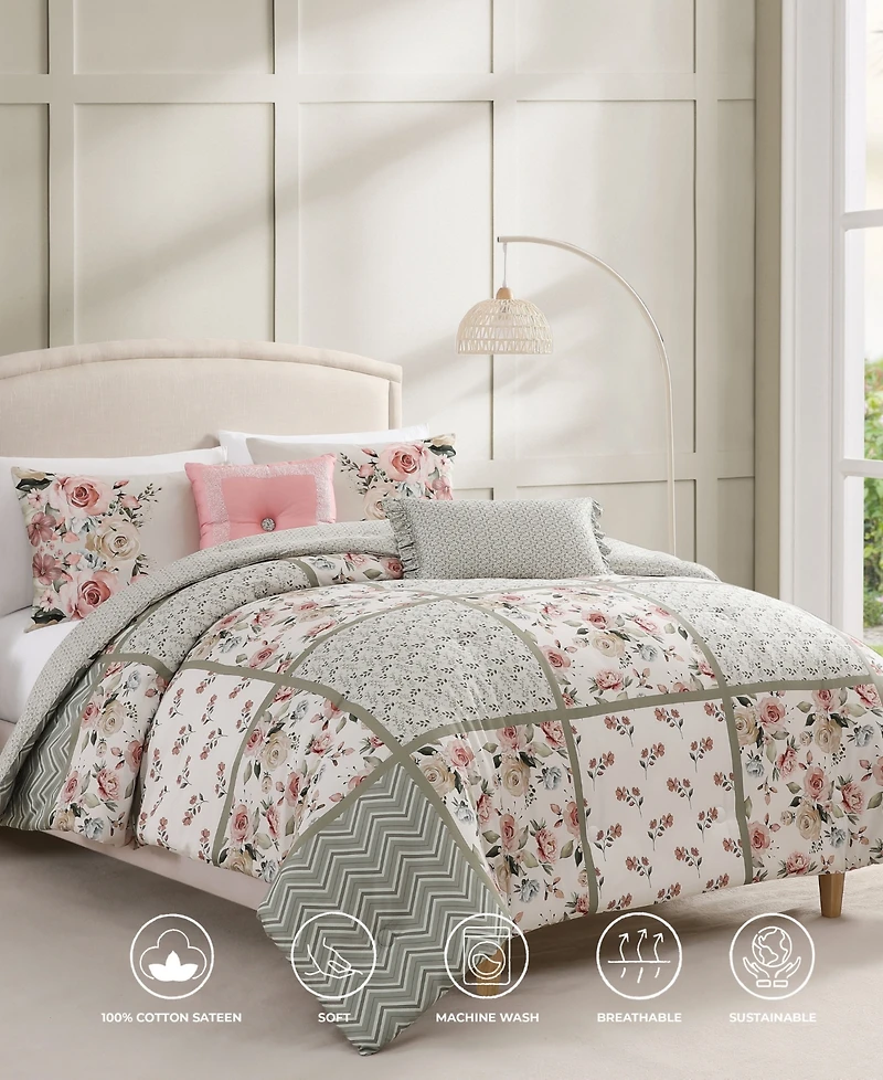 Bebejan Sage Serenity 100% Cotton Sateen 5 Piece Queen Size Reversible Comforter Set