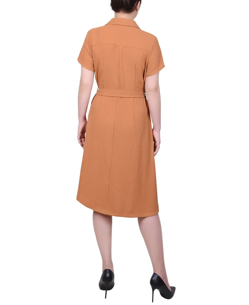 Ny Collection Petite Short Sleeve Belted Shirtdress