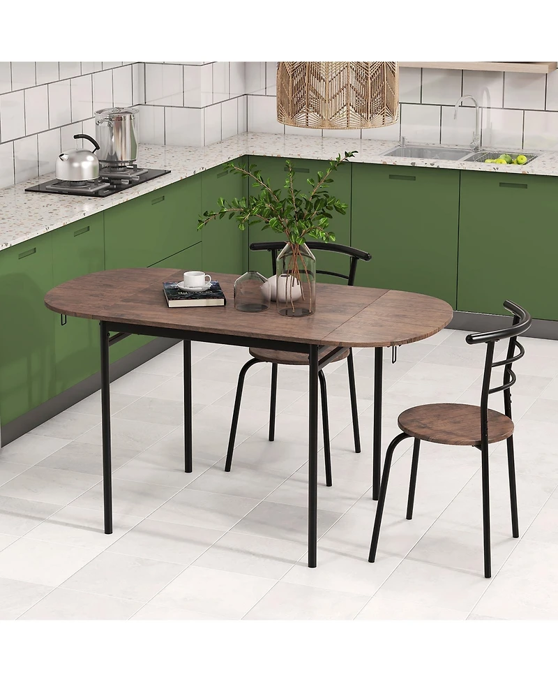 Gymax 3 Pcs Foldable Dining Table Set w/ 2 Chairs Industrial Oval Corner Dining Set