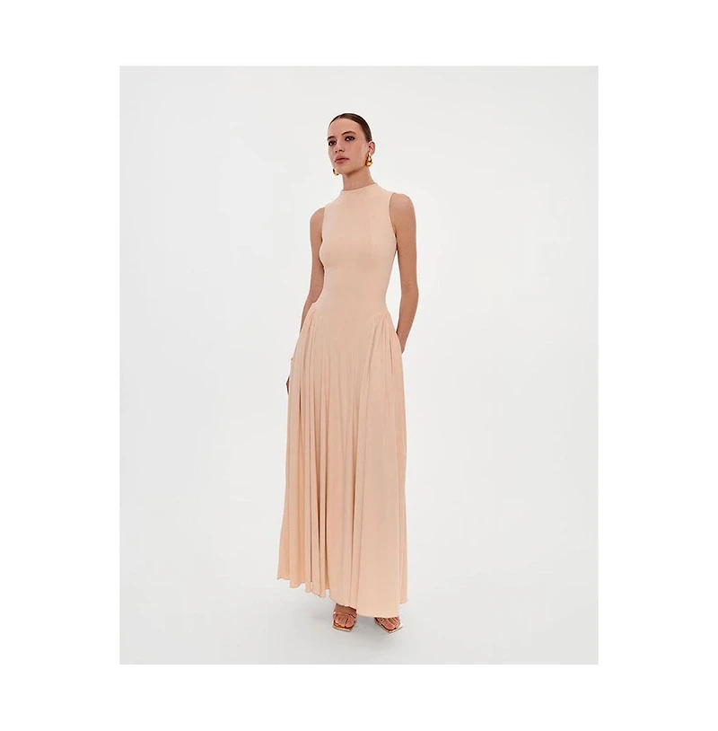 Milla Womens Nude Sleeveless Mock Neck Dress with a Pleated Maxi Skirt