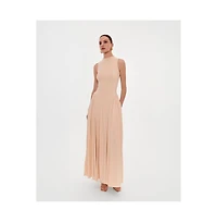 Milla Womens Nude Sleeveless Mock Neck Dress with a Pleated Maxi Skirt