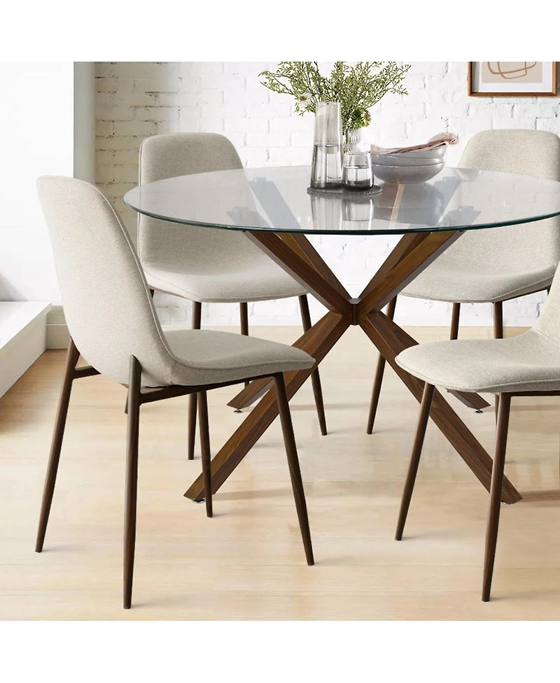 5-Piece Round Glass Dining Table Set for 4, Modern with Upholstered Fabric Chairs and Walnut Metal Legs-Maison Boucle