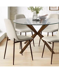 5-Piece Round Glass Dining Table Set for 4, Modern with Upholstered Fabric Chairs and Walnut Metal Legs-Maison Boucle