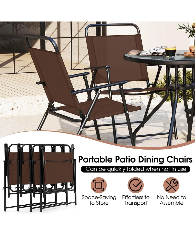 Gymax 6 Pcs Patio Dining Set w/ Umbrella 4 Folding Patio Chairs w/ Round Tempered Glass Table