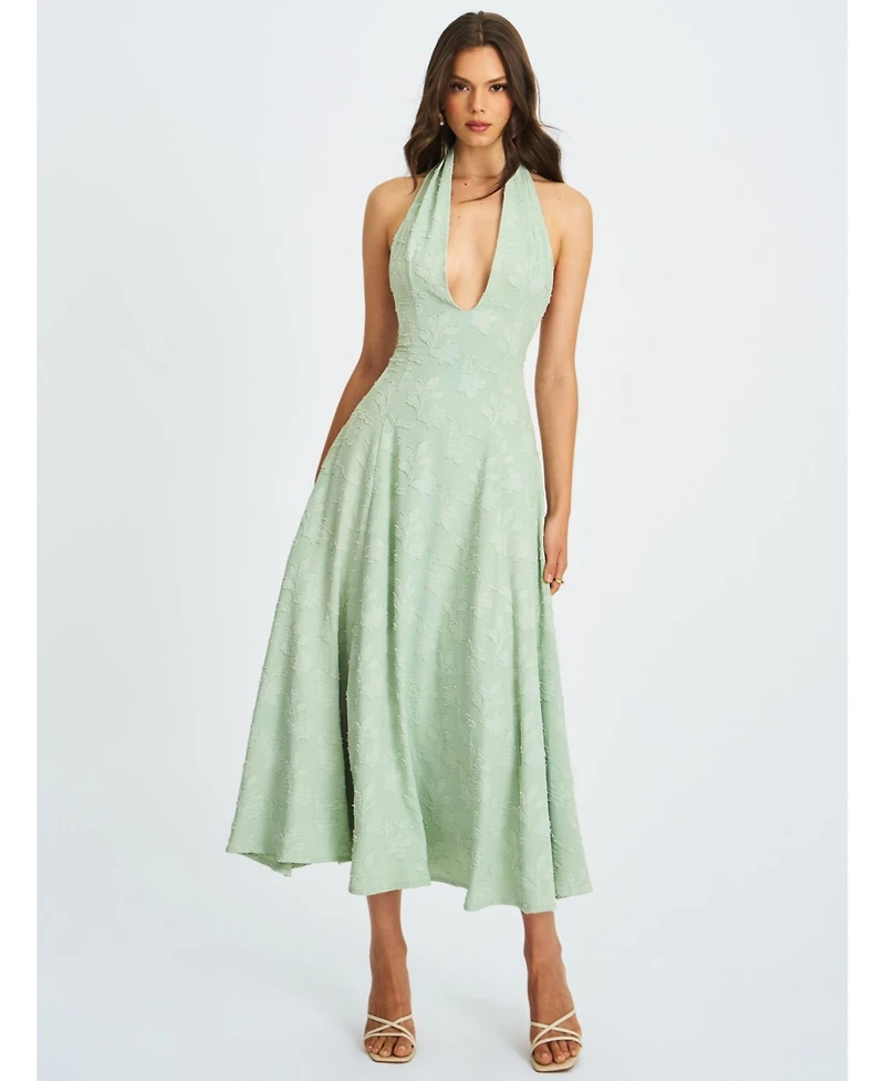 Miss Circle Women Magda Mint Green Deep V Neck Halter A-line Midi Dress