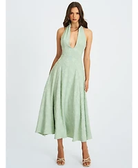 Miss Circle Women Magda Mint Green Deep V Neck Halter A-line Midi Dress