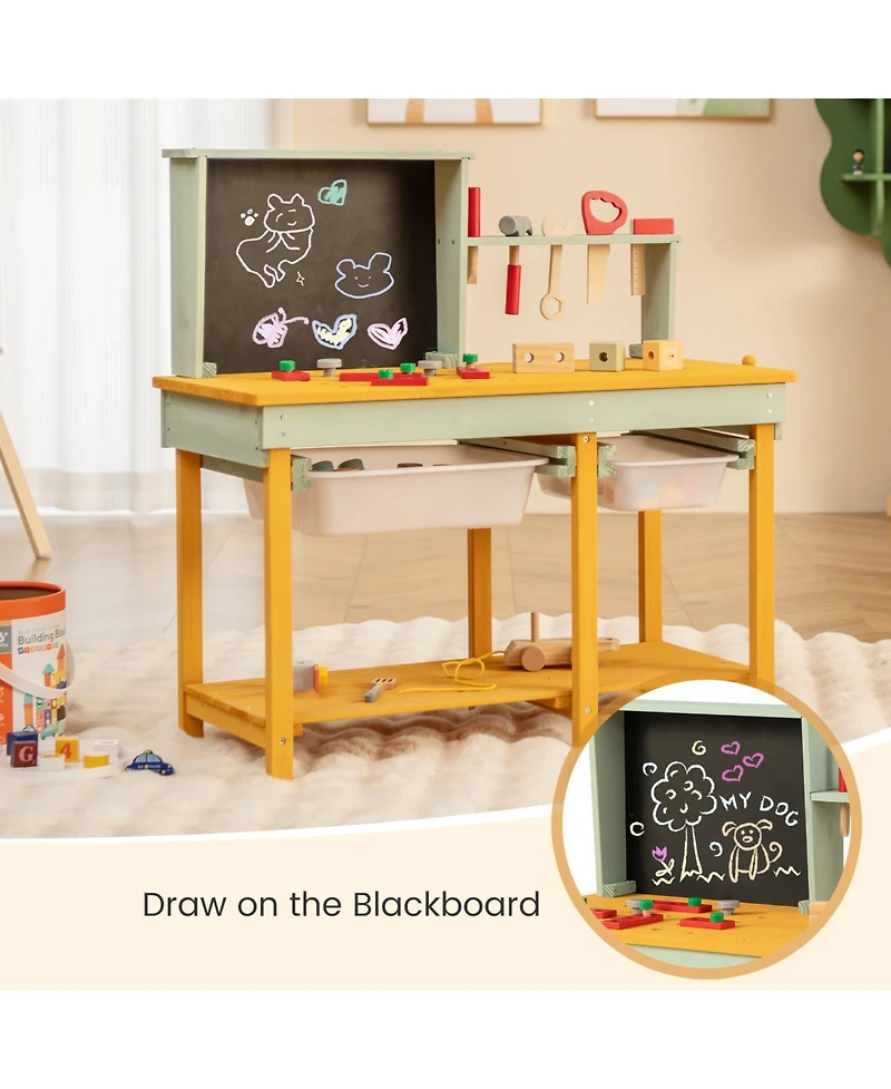 Akiudex Wooden Kids Workbench Toy with Tools, Blackboard, and Storage for Ages 3–8