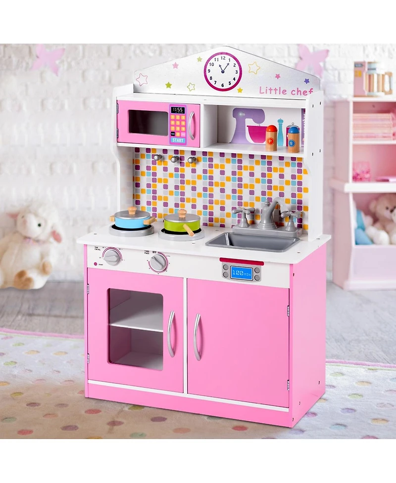 Akiudex Kids Wooden Play Kitchen Set with Sink, Stove, and Microwave
