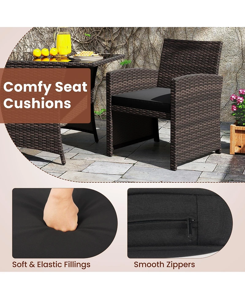 Gymax 3 Piece Patio Wicker Dining Set 2 Rattan Chairs w/ Rectangle Tempered Glass Dining Table
