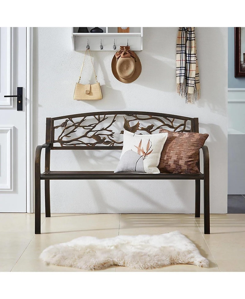 Slickblue Cast Iron Garden Bench with Metal Finish and Bird Pattern Backrest for Outdoor Use