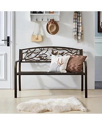 Slickblue Cast Iron Garden Bench with Metal Finish and Bird Pattern Backrest for Outdoor Use