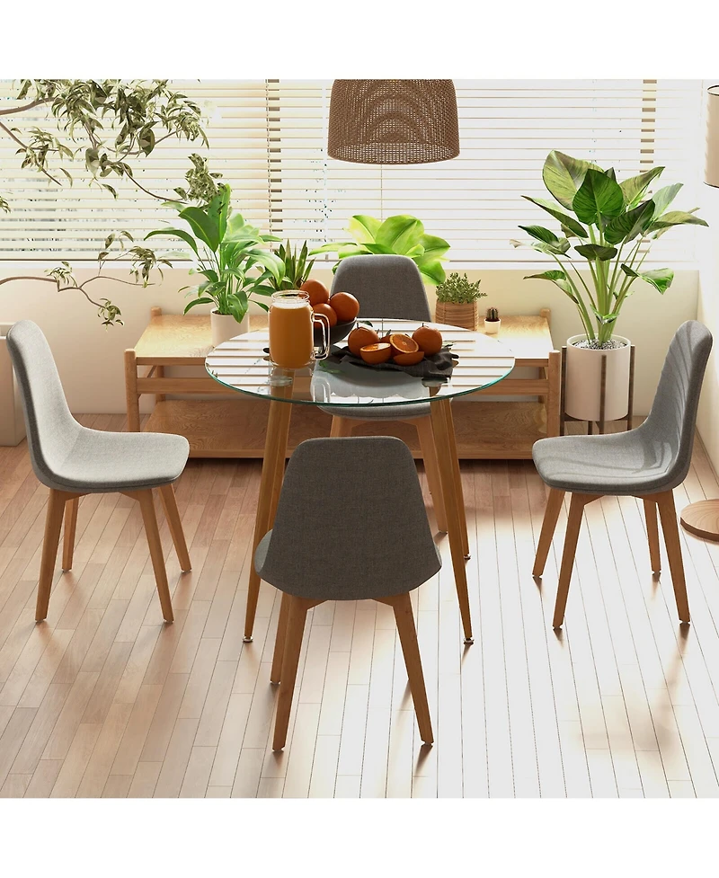 Gymax 5 Pcs Dining Set Round Tempered Glass Table 4 Fabric Chairs Solid Wood Kitchen