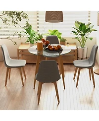 Gymax 5 Pcs Dining Set Round Tempered Glass Table 4 Fabric Chairs Solid Wood Kitchen