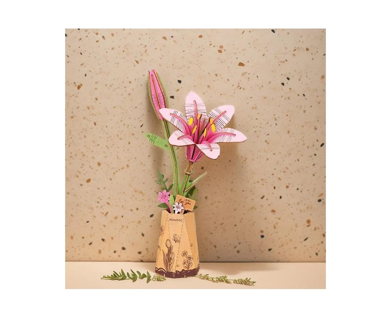 Robotime 3D Puzzles Pink Lily Diy Model Building Kits Artifical Flower Toys for Thanksgiving Mother's Day, Multicolored, 9.65"6.5"1.65"