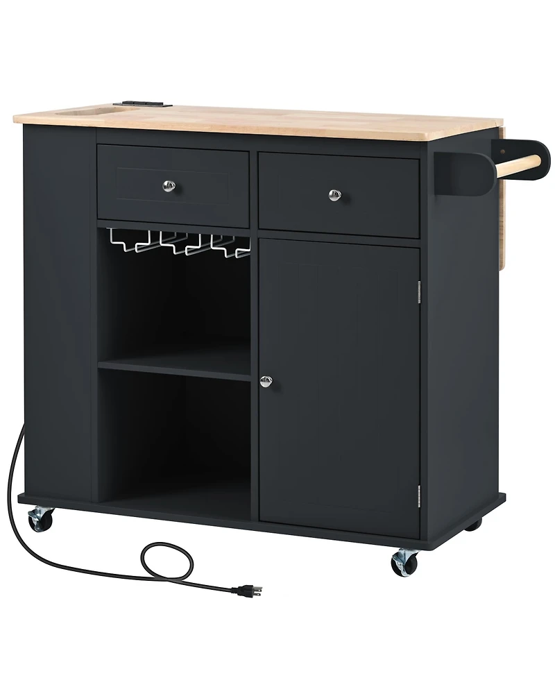Casainc Kitchen Island with Drop Leaf, Power Outlet, Rubber Wood Top, Rack, Open Storage, Adjustable Shelves (No Stools)