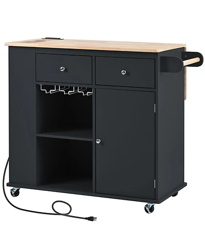 Casainc Kitchen Island with Drop Leaf, Power Outlet, Rubber Wood Top, Rack, Open Storage, Adjustable Shelves (No Stools)