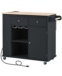 Casainc Kitchen Island with Drop Leaf, Power Outlet, Rubber Wood Top, Rack, Open Storage, Adjustable Shelves (No Stools)
