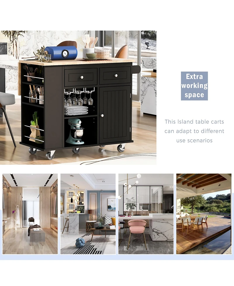 Casainc Kitchen Island with Drop Leaf, Power Outlet, Rubber Wood Top, Rack, Open Storage, Adjustable Shelves (No Stools)