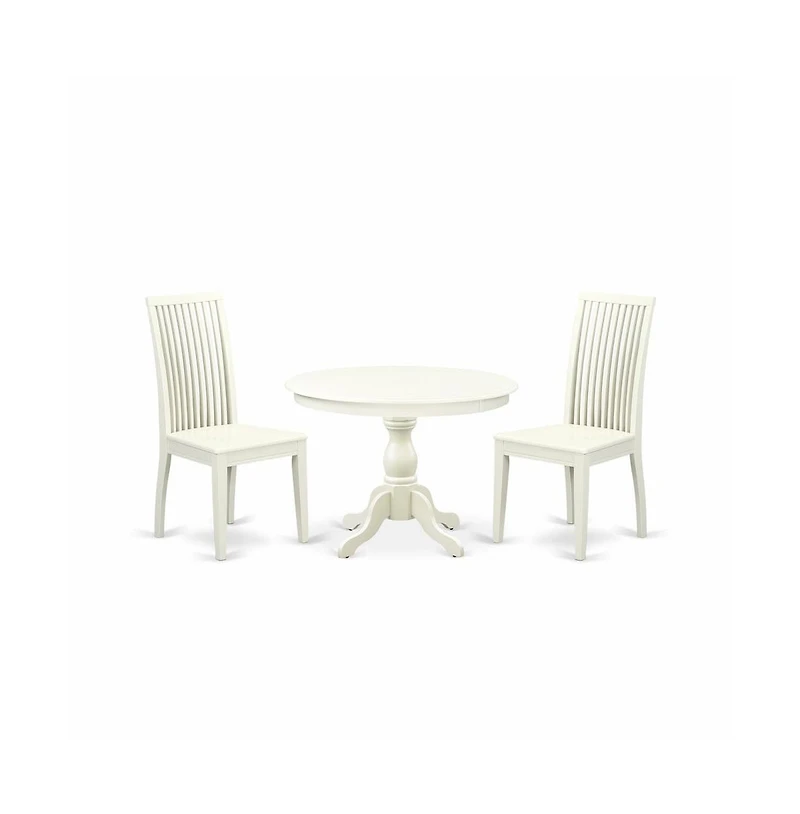 East West Furniture 3 Piece Kitchen Table Set - Linen White Wood Dining Table and 2 Linen White Wooden Dining Chairs with Slatted Back