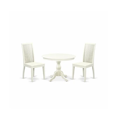 East West Furniture 3 Piece Kitchen Table Set - Linen White Wood Dining Table and 2 Linen White Wooden Dining Chairs with Slatted Back