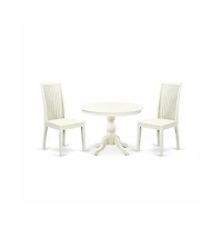 East West Furniture 3 Piece Kitchen Table Set - Linen White Wood Dining Table and 2 Linen White Wooden Dining Chairs with Slatted Back