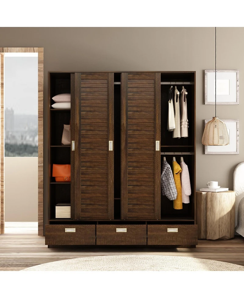 Homsee Brown wood grain 4 doors 3 sliding doors wardrobe, bedroom Armoire, Closet