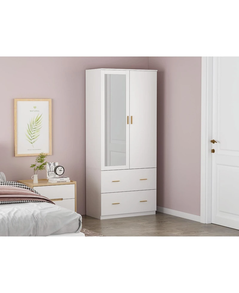 Wardrobe with Mirror and 2-Door 2-Drawer, Bedroom Armoire, Closet
