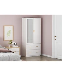 Wardrobe with Mirror and 2-Door 2-Drawer, Bedroom Armoire, Closet