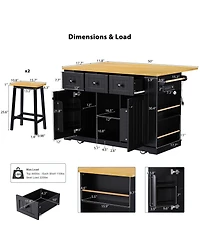 Casainc 53" Kitchen Island With 2 Bar Stools, Drop Leaf, Power Outlet, Open Racks and Drawers on Wheels