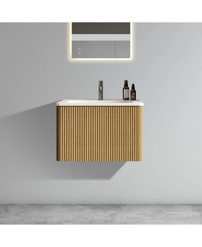 Casainc Etna 24" Floating Vanity With Ceramic Sink and Striped Oak Finish, Pre-Assembled