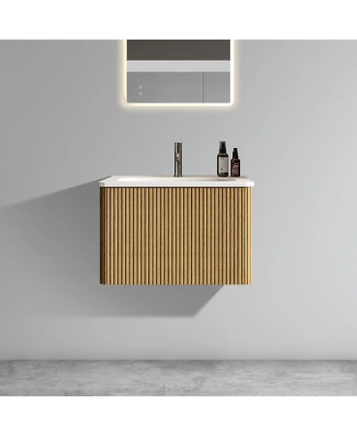 Casainc Etna 24" Floating Vanity With Ceramic Sink and Striped Oak Finish, Pre-Assembled
