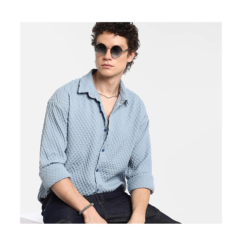 Campus Sutra Men's Cornflower Blue Cubic-Textured Oversized Shirt