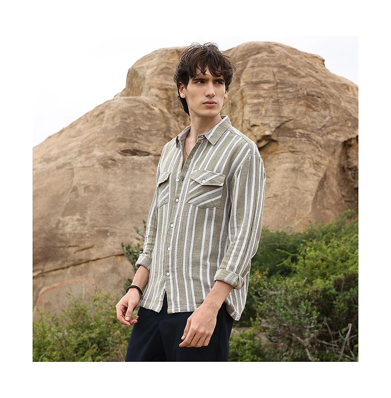 Campus Sutra Men's Peanut Brown & Off-White Utility Halo-Stripe Oversized Shirt