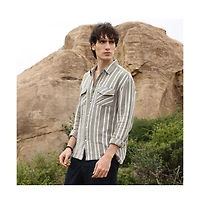 Campus Sutra Men's Peanut Brown & Off-White Utility Halo-Stripe Oversized Shirt